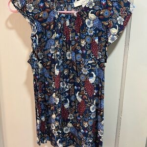 LOFT Blue and Beige Peacock Floral Dress